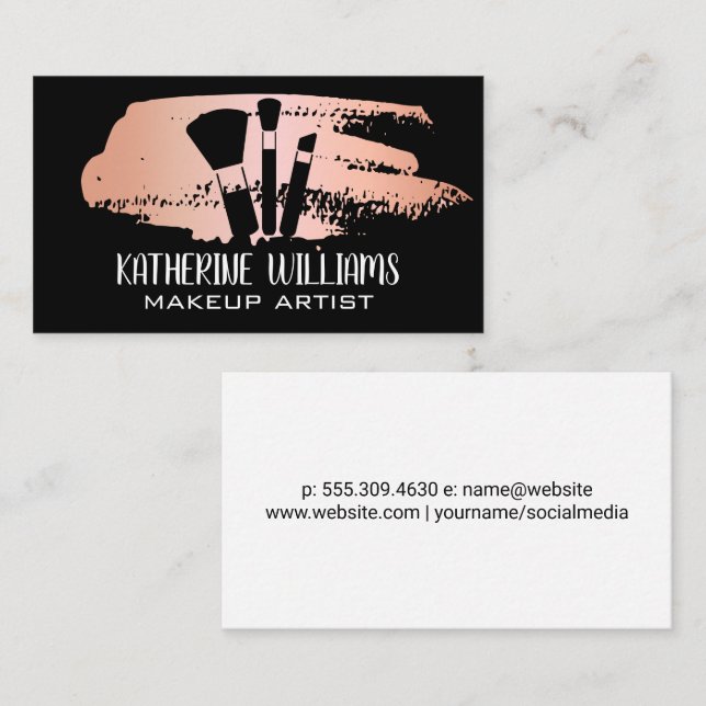 Carte De Visite Brosses de maquillage | Rose Gold Brush Stroke (Devant / Derrière)