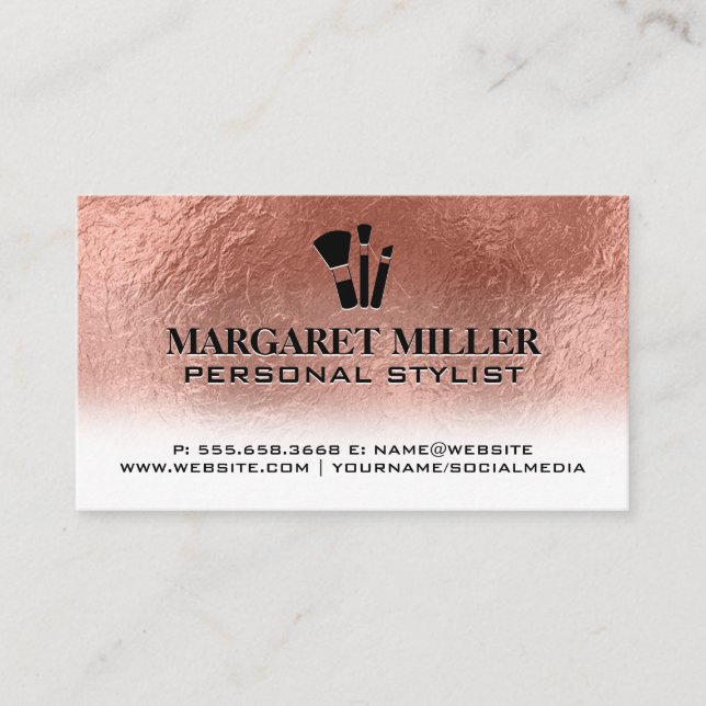 Carte De Visite Brosses de maquillage | Rose Gold Foil Metallic (Devant)