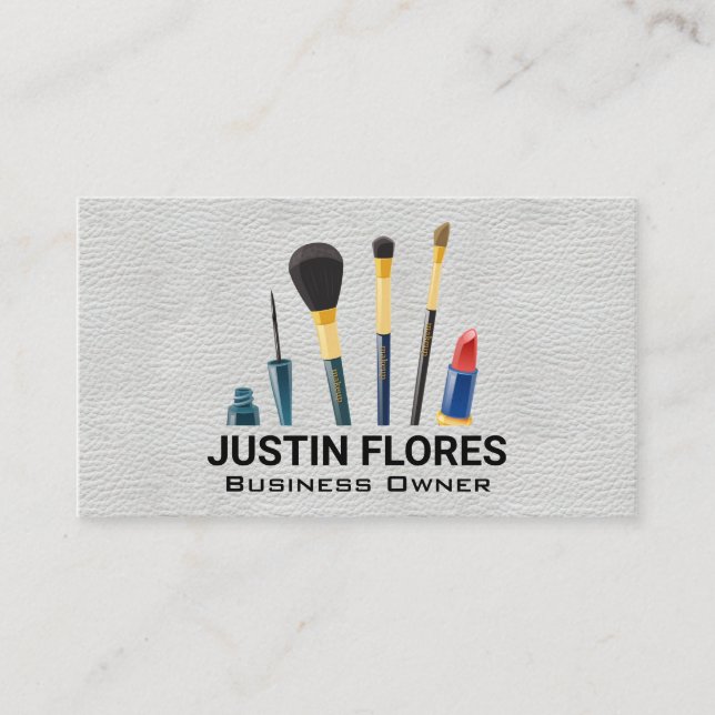 Carte De Visite Brosses de maquillage | Texture en cuir blanc (Devant)