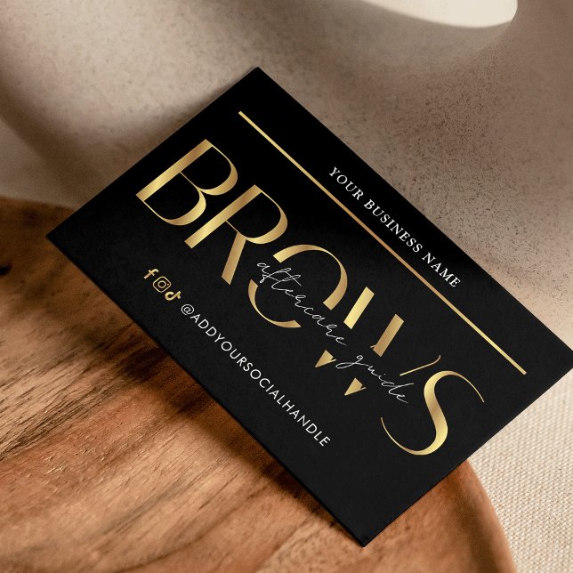 Carte De Visite Brosses Instructions de post-soins Glam Black & Go (elegant black and gold effects brows aftercare instructions cards)