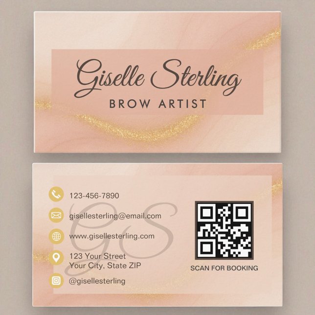 Carte De Visite Brow Artiste Aquarelle Or Monogramme QR Code (Créateur téléchargé)