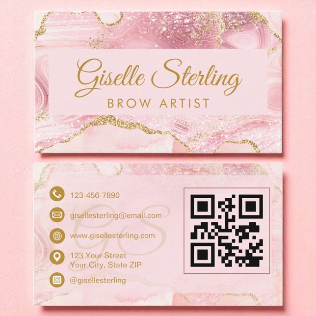 Carte De Visite Brow Artiste Blush Rose Or Agate QR Code (Créateur téléchargé)