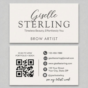 Carte De Visite Brow Artiste White Script Moderne QR Code