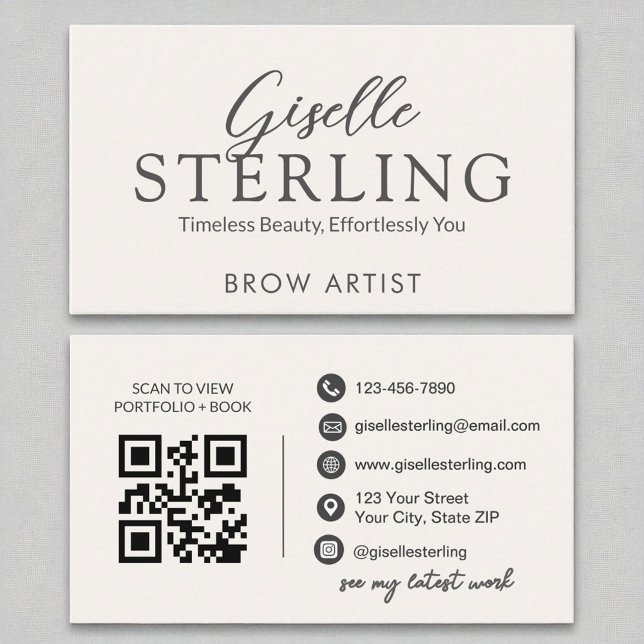 Carte De Visite Brow Artiste White Script Moderne QR Code (Créateur téléchargé)