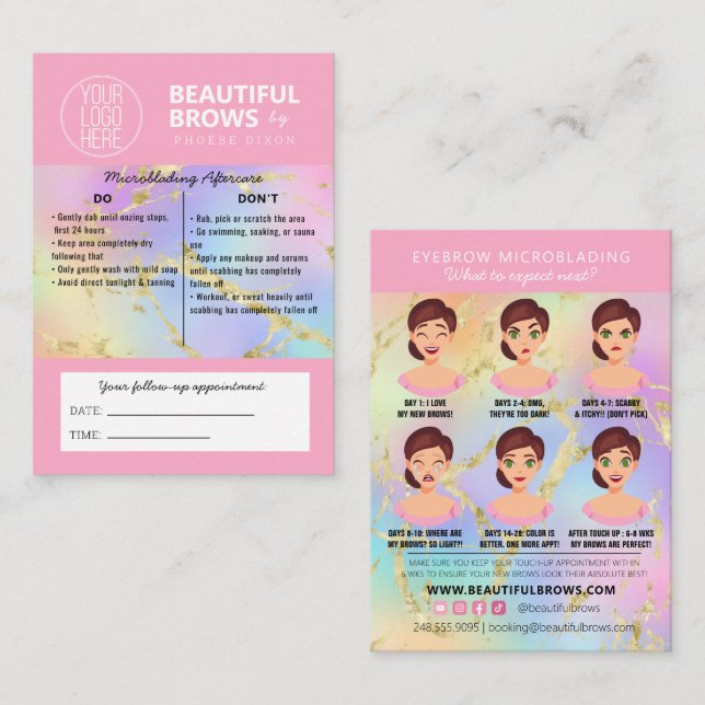 Carte De Visite Brow Microblading Aftercare & Rendez-vous Marbre B (Devant / Derrière)