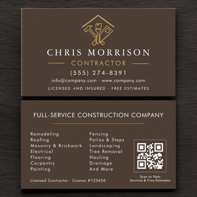 Carte De Visite Brown Home Repairs Contractor QR Code (Créateur téléchargé)