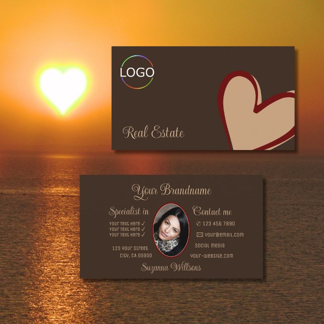 Carte De Visite Brown Magnifique coeur beige rouge avec logo et ph (Créateur téléchargé)