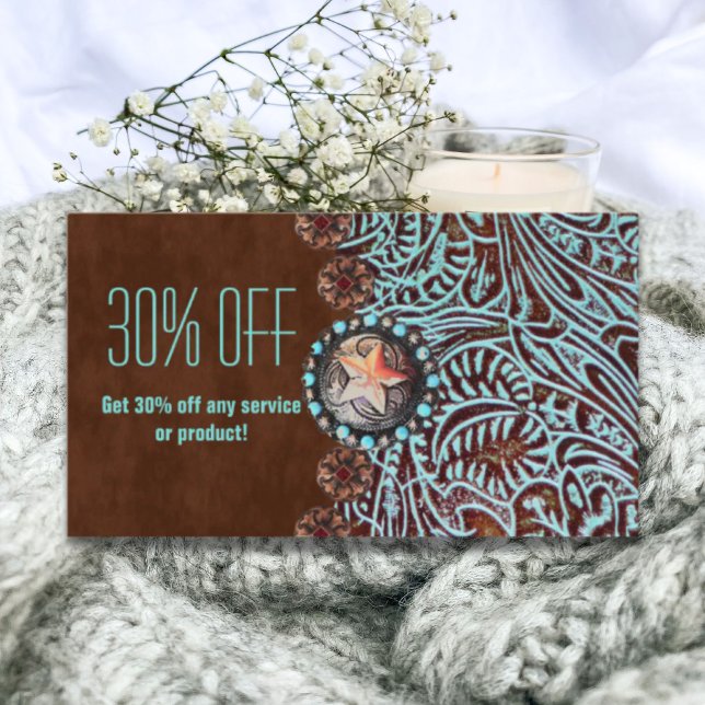 Carte De Visite brun turquoise western pays à outils cuir (turquoise brown western country tooled leather business card)