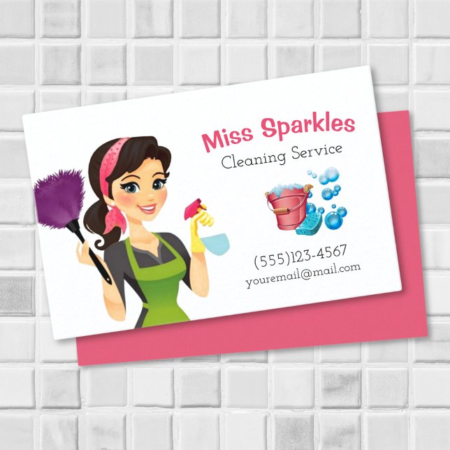 Carte De Visite Brunette Cartoon Maid House Services de nettoyage (Créateur téléchargé)