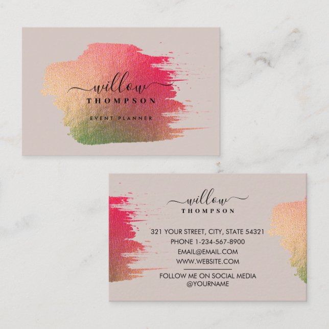 Carte De Visite Brush Chic Stroke Pink Gold sur Rose Rose (Devant / Derrière)