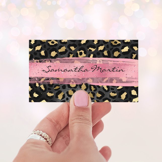 Carte De Visite Brush Léopard noir et or (Black and Gold Foil Leopard Pink Brush Stroke Business Card)