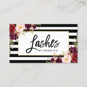 Carte De Visite Brush Script Bourgogne Floral Lashes