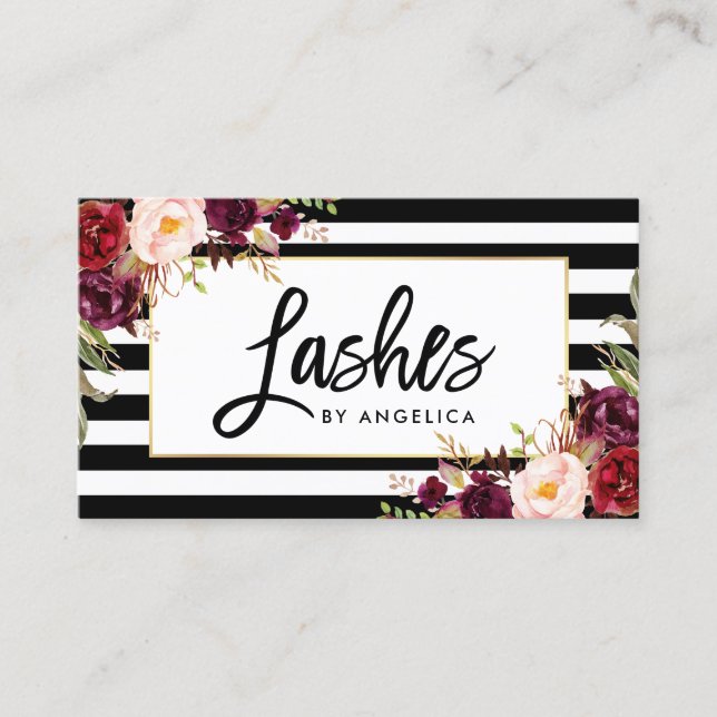 Carte De Visite Brush Script Bourgogne Floral Lashes (Devant)