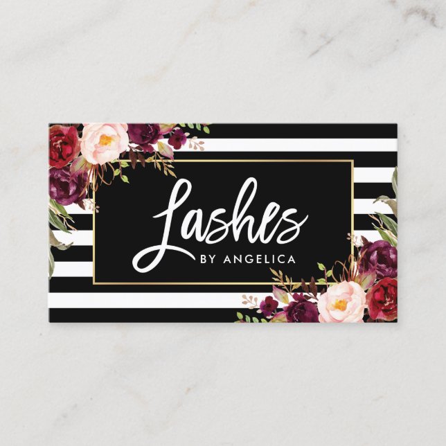 Carte De Visite Brush Script Lashes Brisé Bourgogne Floral (Devant)