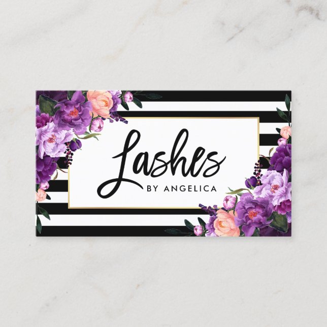 Carte De Visite Brush Script Purple Floral Lashes (Devant)