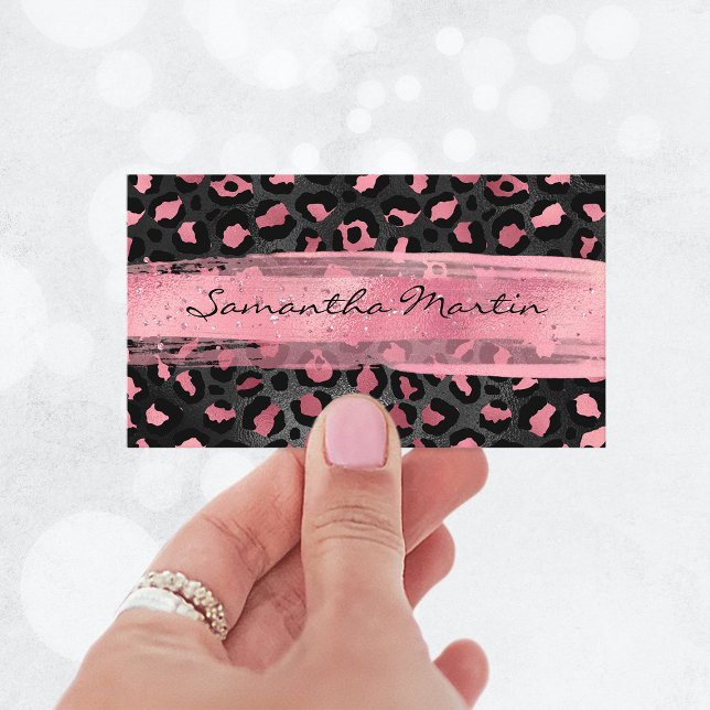Carte De Visite Brush Spot Leopard noir et rose (Black and Pink Foil Leopard Spot Brush Stroke Business Card)