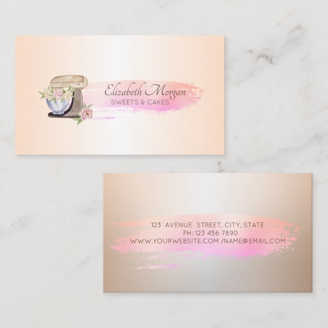 Carte De Visite Brush Stroke Boulangerie Retro Mixer Fleurs (Devant / Derrière)