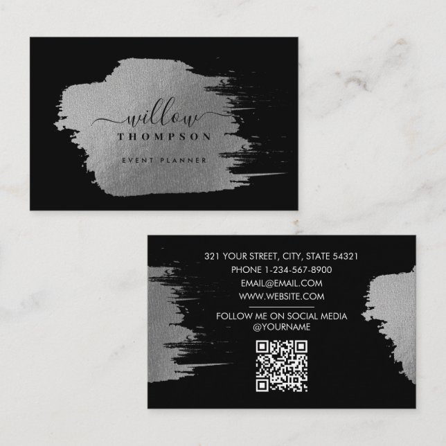 Carte De Visite Brush Stroke Metallic Argent Noir Planificateur d' (Devant / Derrière)