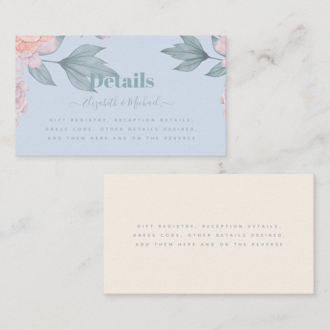 Carte De Visite Budget Pêcher Floral Dusty Blue Sage Mariage feuil (Devant / Derrière)