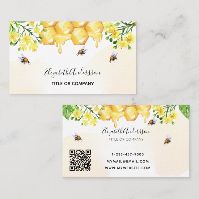 Carte De Visite Bumble abeilles miel fleuri jaune code qr (Devant / Derrière)