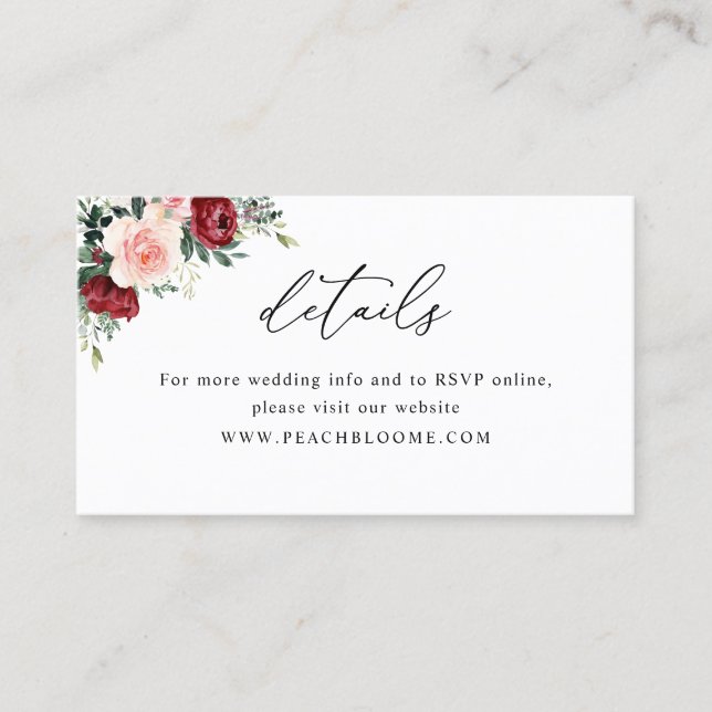 Carte De Visite Burgundy Blush Floral Mariage Website Détails Cart (Devant)