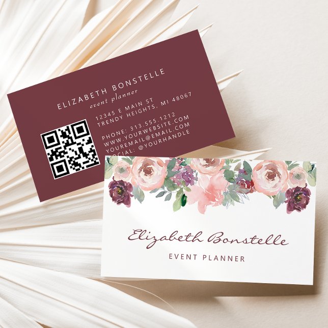 Carte De Visite Burgundy Blush Pink Aquarelle Florale QR Code (Créateur téléchargé)