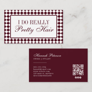 Carte De Visite Burgundy Checkered Old Money Hair Stylist QR Code