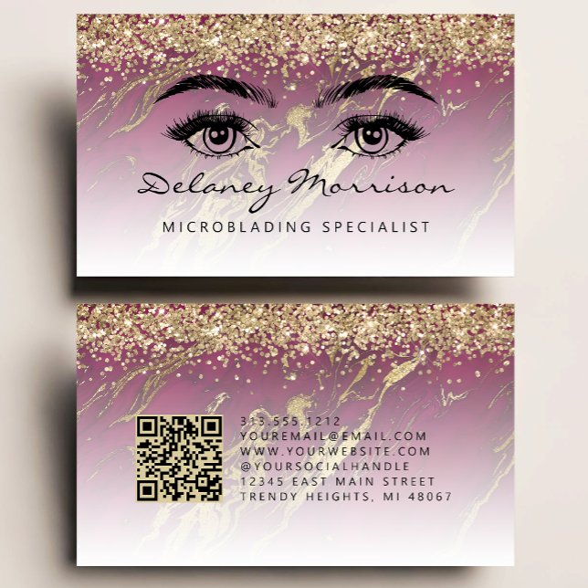 Carte De Visite Burgundy Gold Marble Eyes QR Code Microblading (Créateur téléchargé)