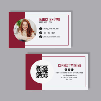 Carte De Visite Burgundy Photo QR Code Connect With Me