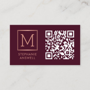 Carte De Visite Burgundy QR Code Logo Monogram Rose Gold