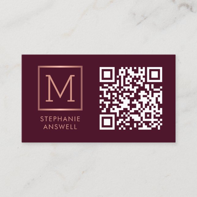 Carte De Visite Burgundy QR Code Logo Monogram Rose Gold (Devant)