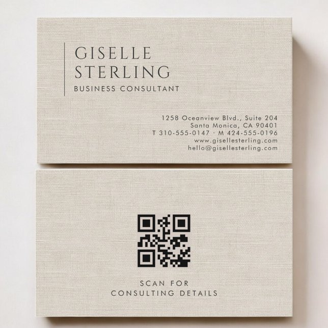 Carte De Visite Business Consultant Luxury Neutral Linen QR Code (Créateur téléchargé)