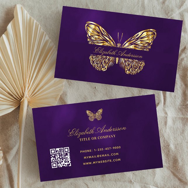 Carte De Visite Butterfly violet or QR code élégant script (Créateur téléchargé)