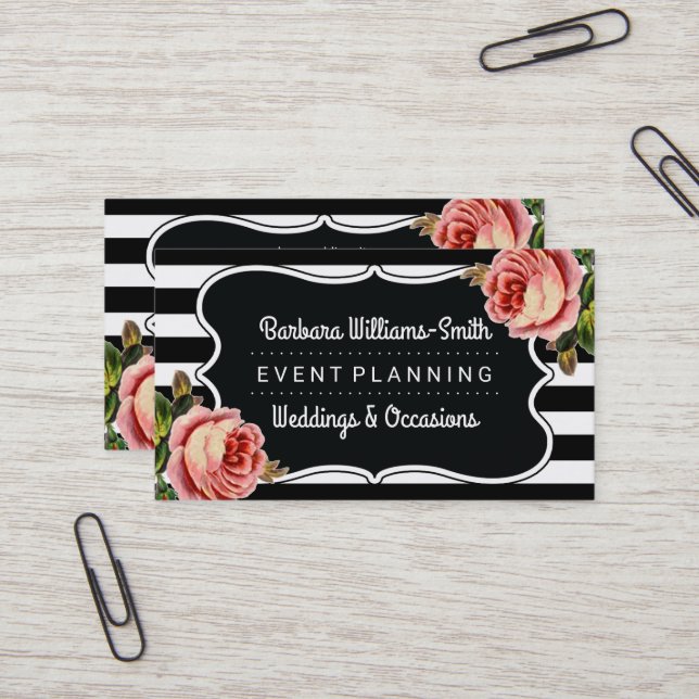 Carte De Visite BW floral encadre la planification d'événement de (Devant/Arrière en situation)