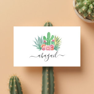 Carte De Visite Cactus à l'aquarelle et floral rose Élégant