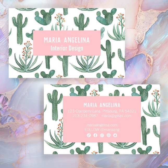 Carte De Visite Cactus du désert et Aquarelle des succulents (Desert Cactus and Succulents Watercolor Design Standard Business Card Pink feminine Social Icons
)