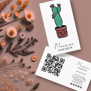 Carte De Visite Cactus Illustration Fun Boho mignon QR Icônes soci