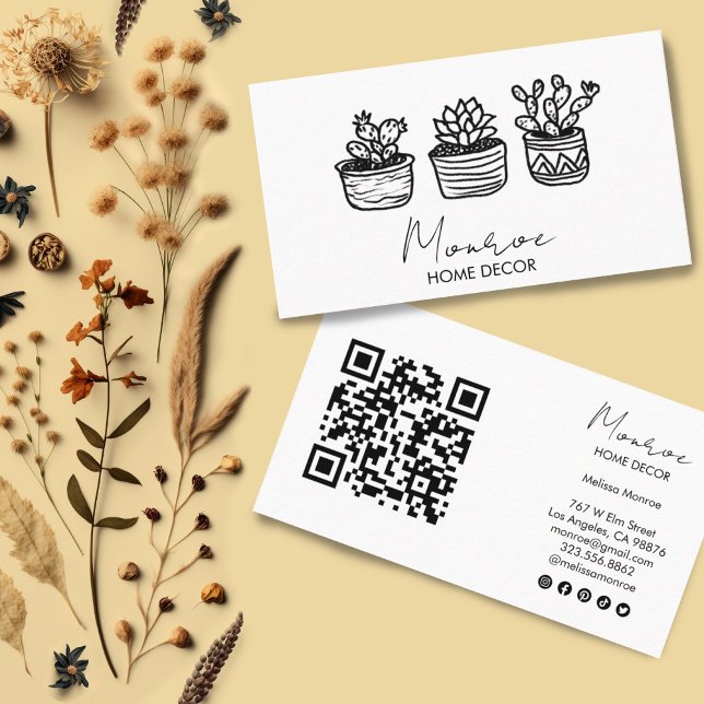 Carte De Visite Cactus Illustration Fun Boho mignon QR Icônes soci (Cute cacti drawings on custom business cards with social media icons and qr code)