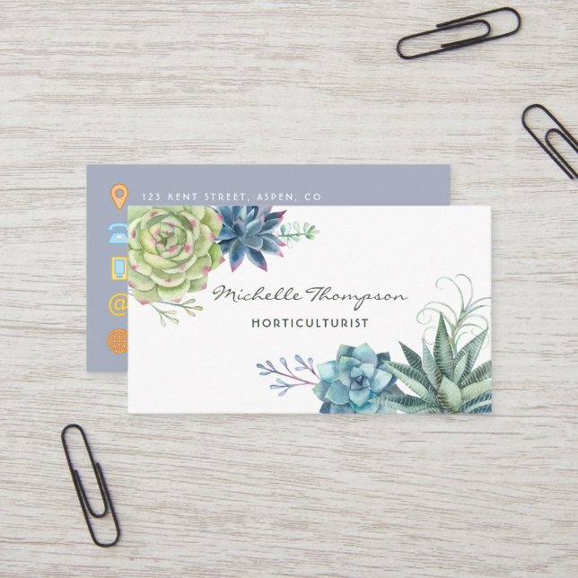 Carte De Visite Cactus succulents de désert à l'aquarelle (Devant/Arrière en situation)