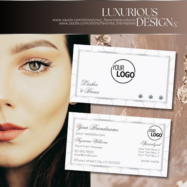 Carte De Visite Cadre blanc et argent moderne avec diamants et log (Créateur téléchargé)