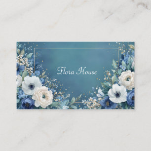 Carte De Visite Cadre doré floral bleu sarcelle élégant aquarelle