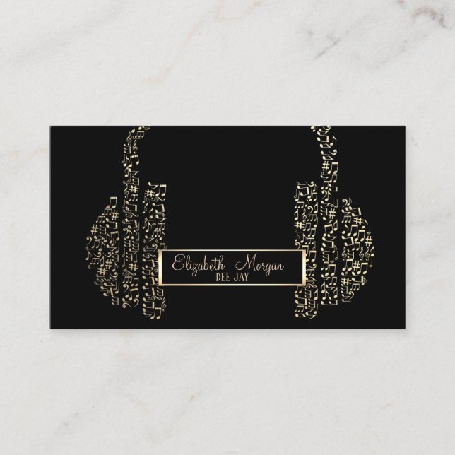 Carte De Visite Cadre élégant, Gold Music Notes Headphone DJ (Devant)