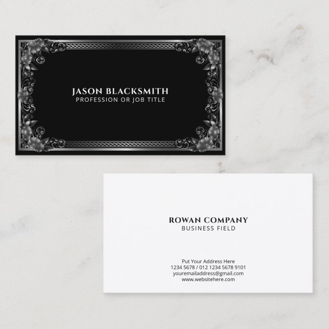 Carte De Visite Cadre en argent Regal de luxe sur noir (Devant / Derrière)
