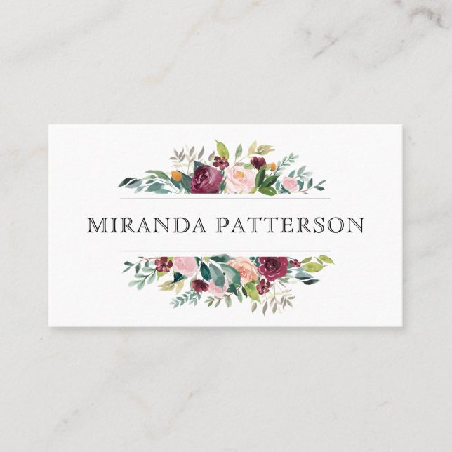 Carte De Visite Cadre floral chic bordeaux et rose (Devant)