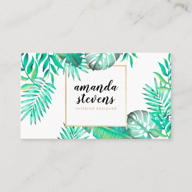 Carte De Visite Cadre or chic aquarelle tropicale verte feuilles (Devant)