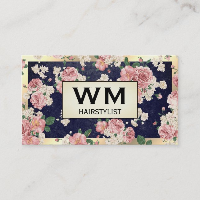 Carte De Visite Cadre Or Exécutif Ardoise Bleue Motif Floral (Devant)