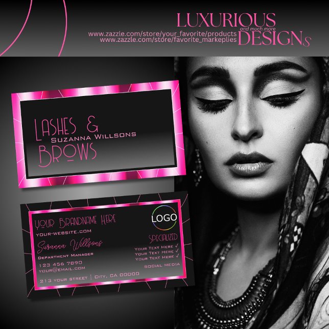 Carte De Visite Cadre rose élégant Noir Gradient Chic avec logo (Créateur téléchargé)