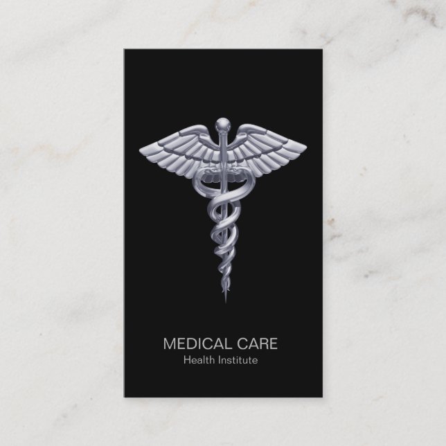Carte De Visite Caducée d'argent Médicale sur noir (Devant)