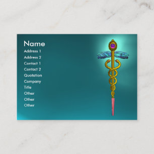 CARTE DE VISITE CADUCÉE D'OR, SYMBOLE MÉDICALE, AIGUE-MARINE BLEUE
