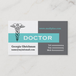 Carte De Visite Caduceus médecin minimaliste gris, blanc, aqua